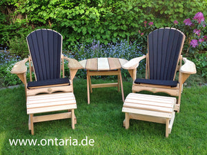 2 verstellbare Adirondack-Comfort-Chairs, Schemel, Tisch & Polster